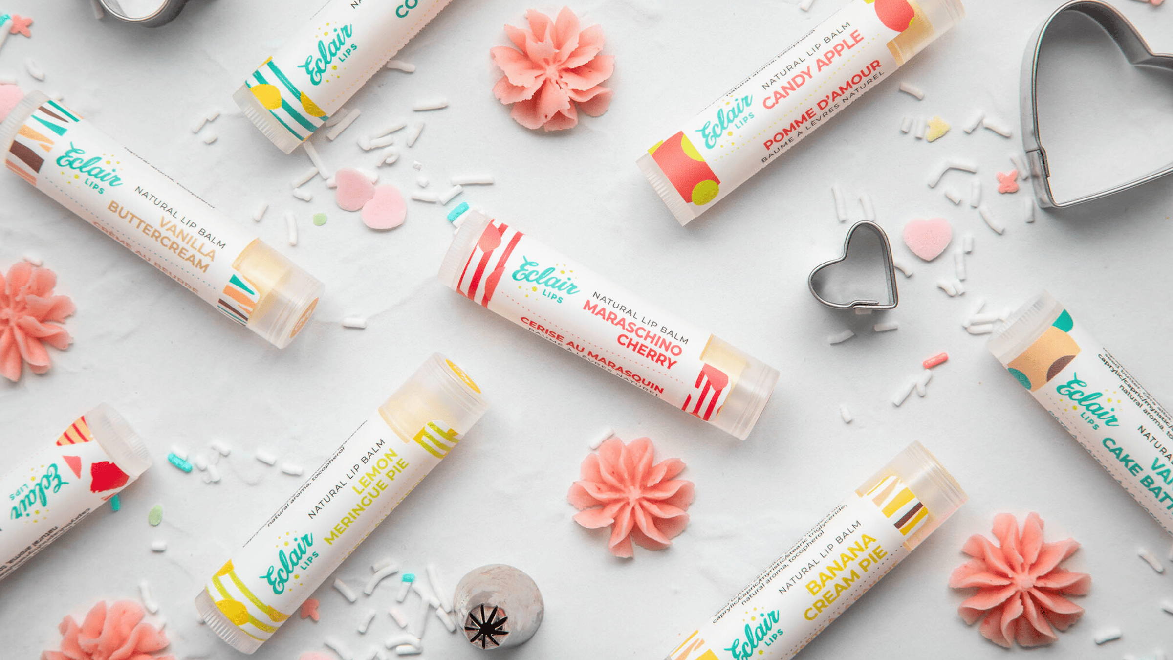 Bakery Eclair lip balms with assorted flavors, hero image