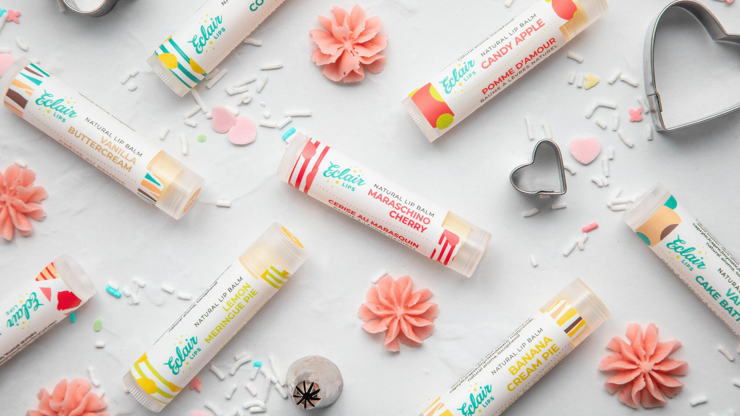 Bakery Eclair lip balms with assorted flavors, hero image