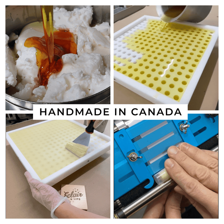 Handmade exfoliating lip balm being made in Canada.