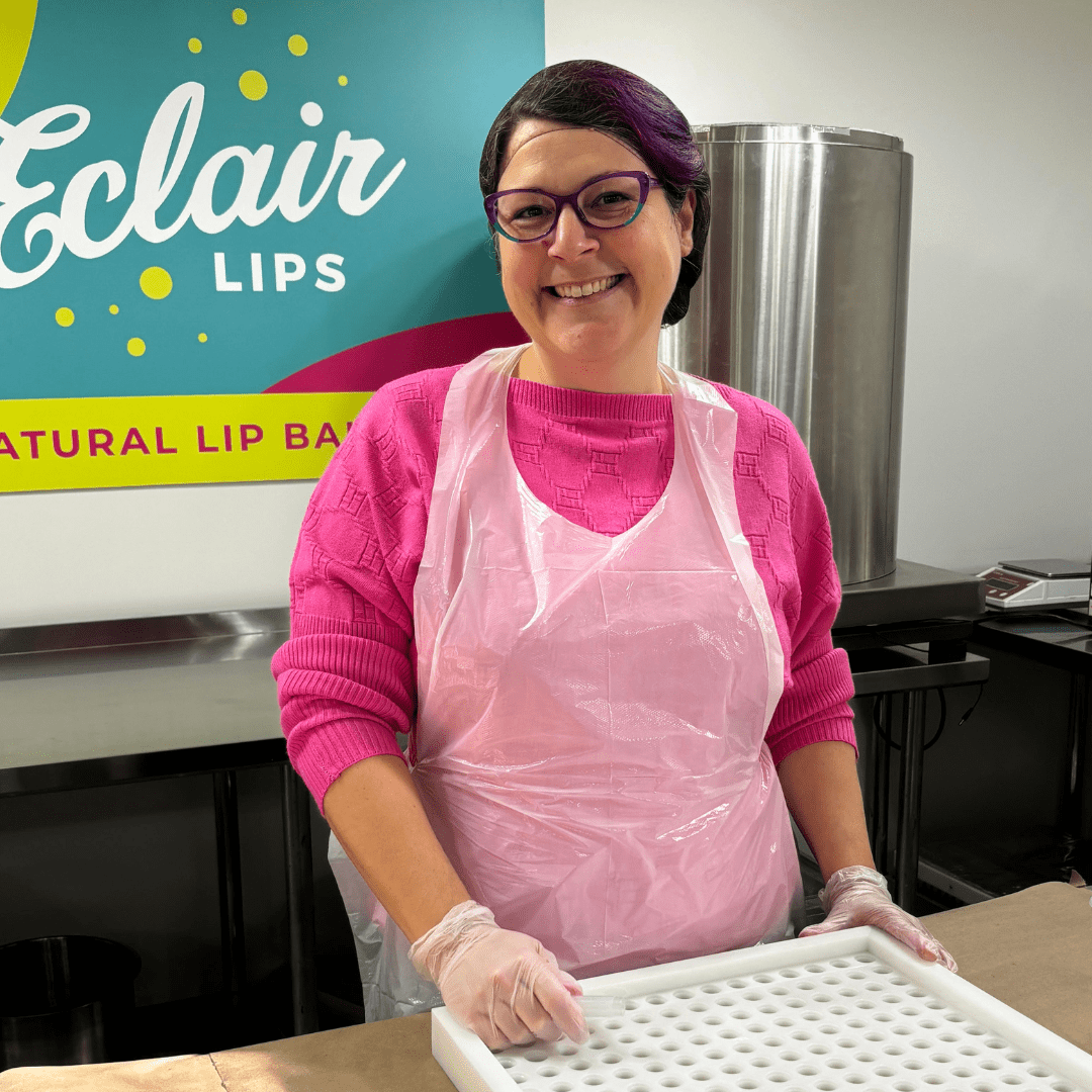 Sylvie making lip balm at Eclair Lips.