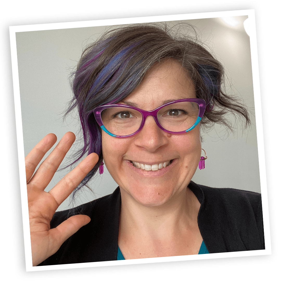 Sylvie, updated tilted photo, smiling, waving with purple glasses