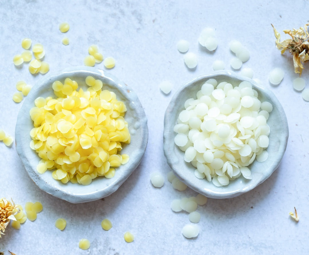 Two small plates of beeswax pastilles, yellow on the left, white on the right.