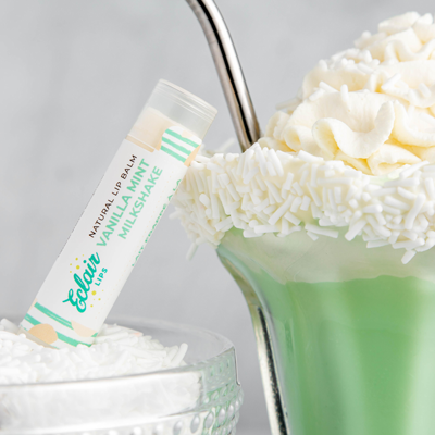 vanilla mint milkshake cool lip balm next to a mint green shamrock shake