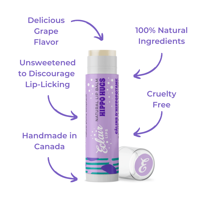 Eclair Hippo Hugs lip balm with delicious grape flavor and natural ingredients.