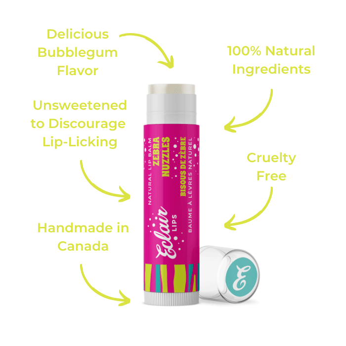Eclair Lips Zebra Nuzzles lip balm with bubblegum flavor, natural ingredients,...