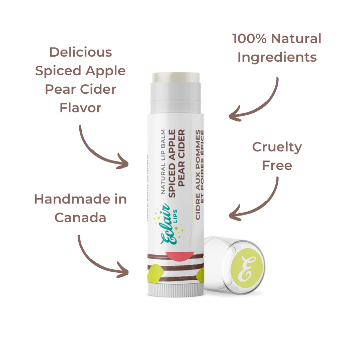Lip balm tube with Spiced Apple Pear Cider label.