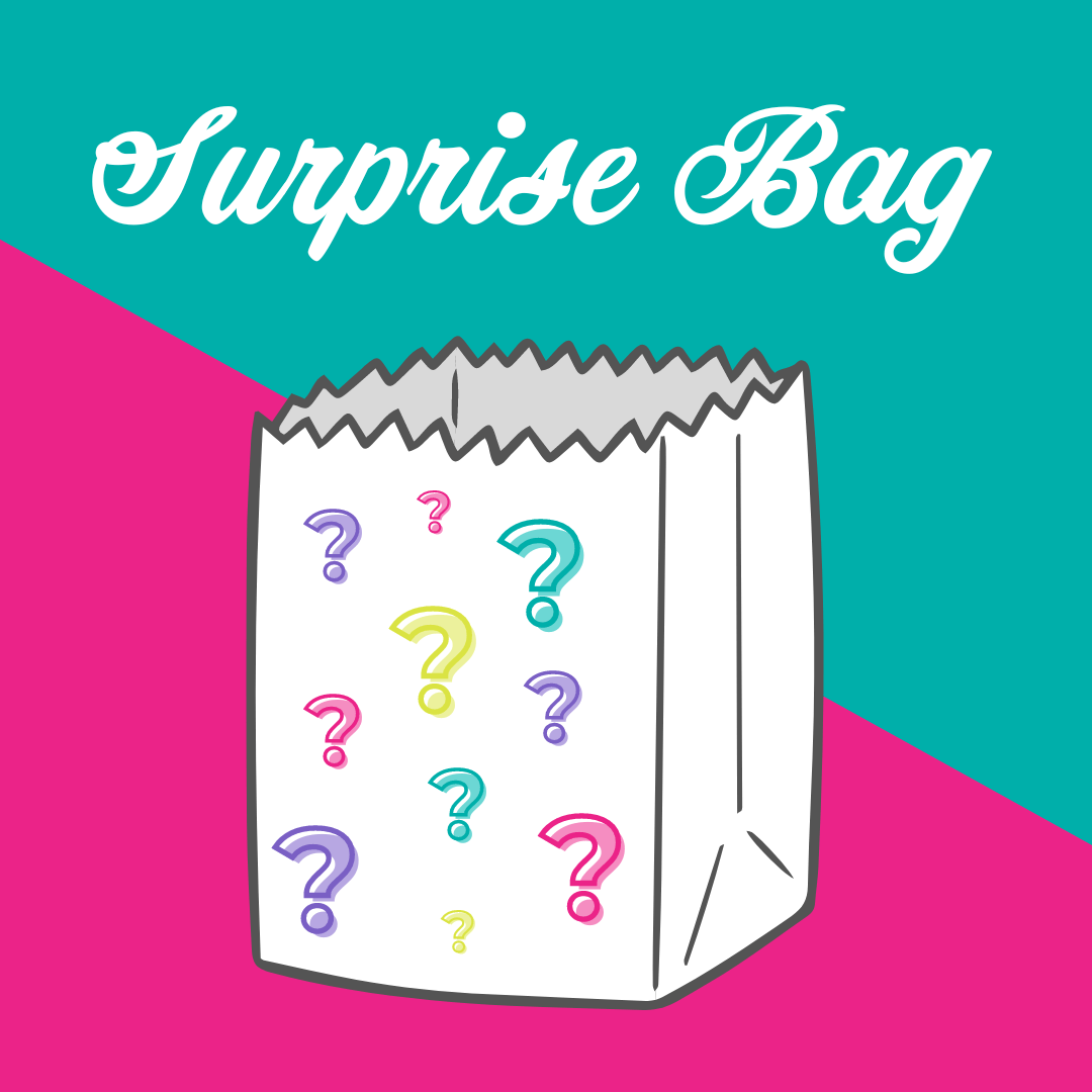 Surprise Bag with question marks, fun and colorful.