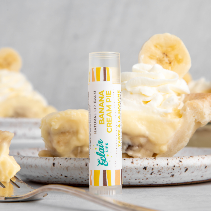 Banana cream pie lip balm with slice of pie in background